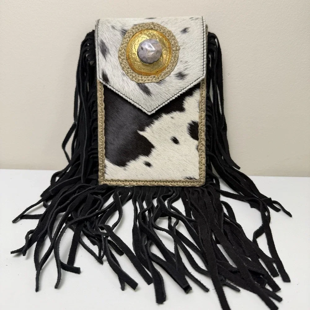 Genuine Hair-On Cowhide Fringe Crossbody & Belt Bag Black White Western Concho
